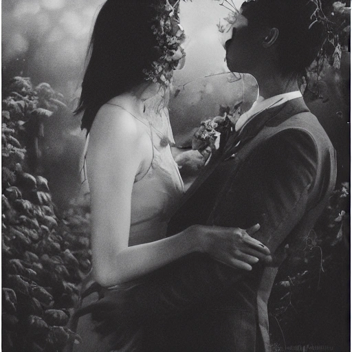 A lush, moonlit garden setting, Julia and Lukas intimately entwined beneath a blooming rose arbor, their expressions tender and loving; intricate lace of moonlight dappling their faces and bodies, casting intricate shadows on the ground; Julia's delicate fingers tracing Lukas' strong jawline, illustrating their deep connection and contrasting features; a mysterious, swirling mist enveloping the scene, alluding to the secret nature of their relationship; a pair of leather cuffs and a silk blindfold artfully draped on a nearby stone bench, a subtle nod to the poem's exploration of dominance and submission; the distant silhouette of a lighthouse, a beacon of hope amidst a turbulent, inky sea, symbolizing their unwavering bond; the album title elegantly scripted across the top of the image, intertwining with the rose vines, a visual representation of their love story; rich, vibrant colors, expertly blended, with enhanced saturation and contrast bringing the garden to life; a myriad of intricate details, such as dewdrops on petals and the delicate veining on leaves, showcasing the complexity and depth of their love; a soft focus enveloping the scene, adding a dreamy, ethereal quality that captures the essence of Julia and Lukas' passionate bond.

,abstract,pencil sketch

