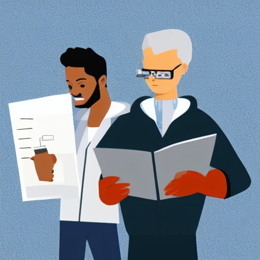 a scientist holding a big pile of paper, illustration style, another scientist is reading a paper, white background
