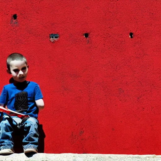 A boy sits on the wall and flares out towards it. Inside the wall there are many people cell phones with scythes and axes, waving red flags, and the background of the wall is all blood red. The outside of the wall has a particularly beautiful, high-tech feel to it., 3D