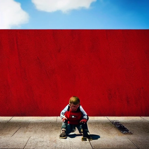 A boy sits on the wall and flares out towards it. Inside the wall there are many people cell phones with scythes and axes, waving red flags, and the background of the wall is all blood red. The outside of the wall has a particularly beautiful, high-tech feel to it., 3D