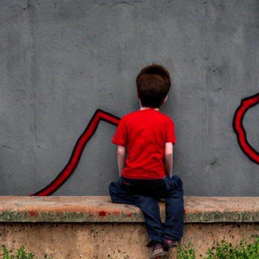 A boy sits on the wall and flares out towards it. Inside the wall there are many people cell phones with scythes and axes, waving red flags, and the background of the wall is all blood red. The outside of the wall has a particularly beautiful, high-tech feel to it, Trippy