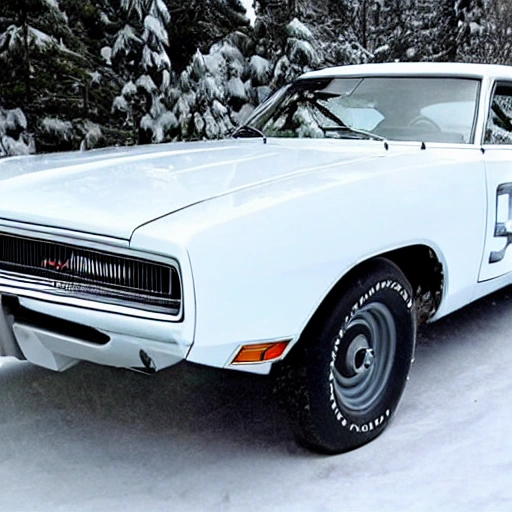 gere um carro da marca dodge modelo charger rt na cor preta modeo antigo de 1970 em diante rebaixado em um lugar com neve 