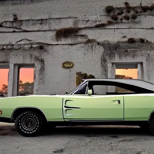 gere um carro da marca dodge modelo charger rt na cor preta modeo antigo de 1970 em diante rebaixado em um lugar com  por do sol  quero que aparece o carro inteiro na foto