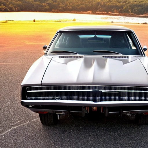 gere um carro da marca dodge modelo charger rt na cor preta modeo antigo de 1970 em diante rebaixado em um lugar com  por do sol  quero que aparece o carro inteiro na foto