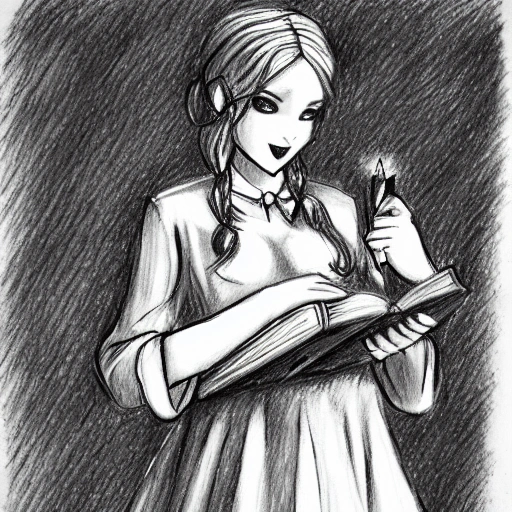 A aristocrati girl, with red hair, green eyes, large dress blue, holding a book in one hand, a magic book, and holding fire in the other hand with a spell. All in the streets of a dungeon, Pencil Sketch