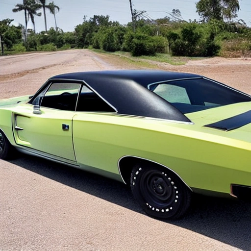 gere um carro da marca dodge modelo charger rt na cor preta modeo antigo de 1970 em diante rebaixado em um lugar com  por do sol  quero que aparece o carro inteiro na foto