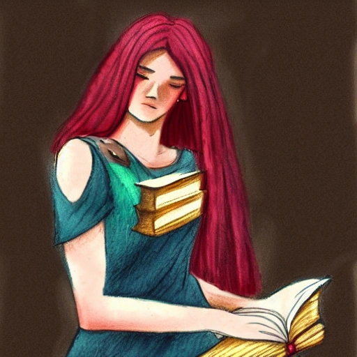 A aristocrati girl, with red hair, green eyes, large dress blue, holding a book in one hand, a magic book, and holding fire in the other hand with a spell. All in the streets of a dungeon, Pencil Sketch, Oil Painting