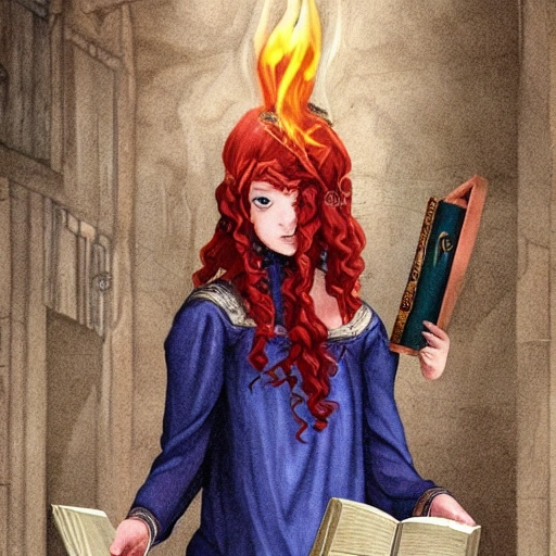 A aristocrati girl, with red hair, green eyes, large dress blue, holding a book in one hand, a magic book, and holding fire in the other hand with a spell. All in the streets of a dungeon, 