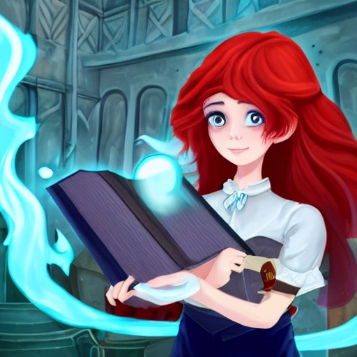 A aristocrati girl, with red hair, green eyes, large dress blue, holding a book in one hand, a magic book, and holding fire in the other hand with a spell. All in the streets of a dungeon, 