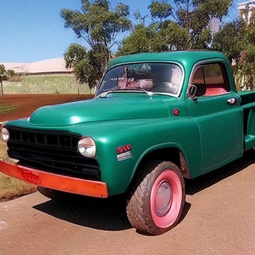 gere uma pick up dodge antiga na cor black com alguma pin ups em volta dela em um dia de sol 