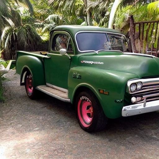 gere uma pick up dodge antiga na cor black com alguma pin ups em volta dela em um dia de sol , Cartoon