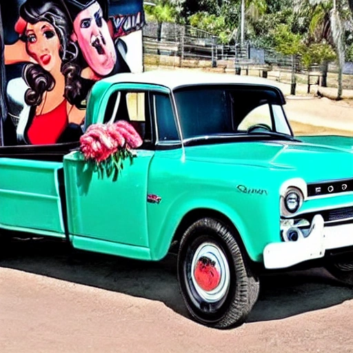 gere uma pick up dodge antiga na cor black com alguma pin ups em volta dela em um dia de sol , Cartoon