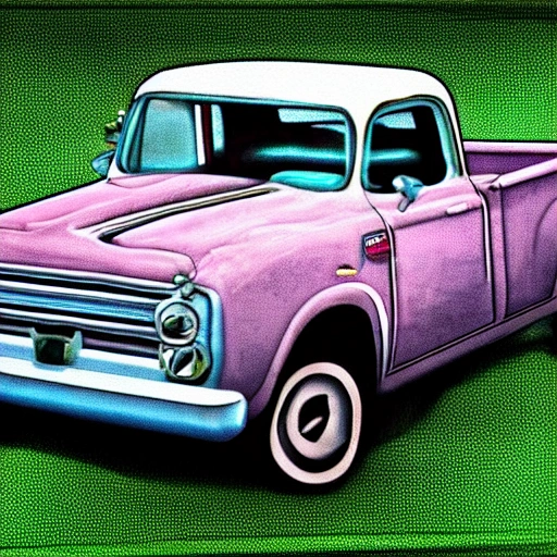 gere uma pick up dodge antiga na cor vermela  com algumas moças  pin ups em volta dela em um dia de sol , Cartoon, 3D, Trippy, Trippy, Trippy