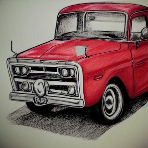 gere uma pick up dodge antiga na cor vermela  com algumas moças  pin ups em volta dela em um dia de sol ,, Pencil Sketch