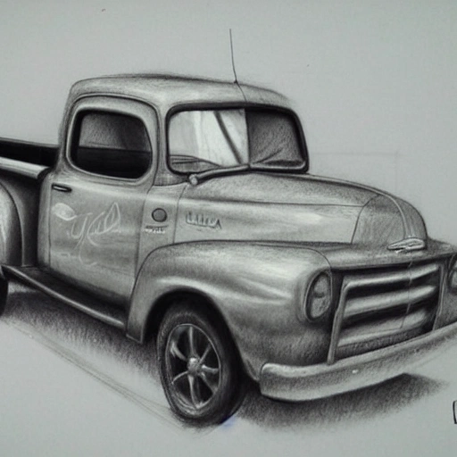 gere uma pick up dodge antiga na cor vermela  com algumas moças  pin ups em volta dela em um dia de sol ,, Pencil Sketch