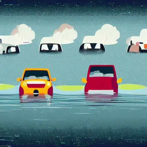 heavy precipitation events, People check for victims in flooded cars on a road, illustration style
