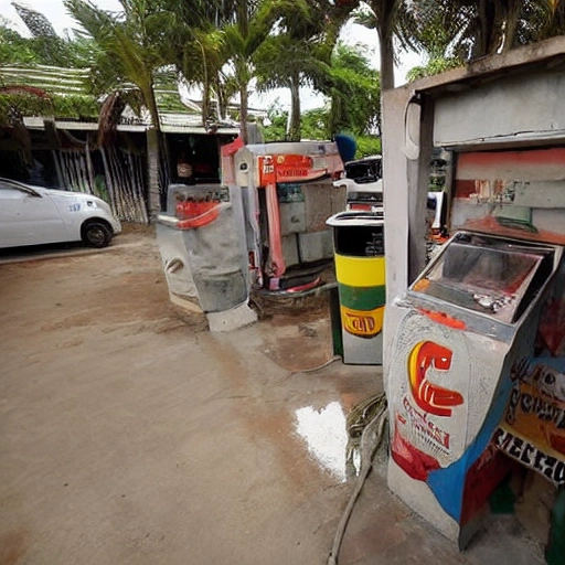 crie uma arte com moças da decada de 50 a 60 paradas em um posto de gasolina da decada de 50 a 60 festejando com copos de bebida