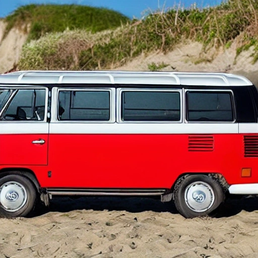 crie uma volkswagen kombi corujinha na cor vermelha e preto rebaixadas em um dia de sol na praia