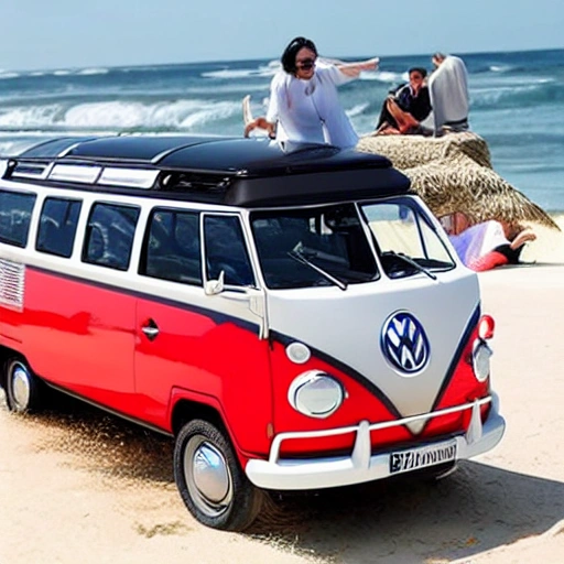 crie uma volkswagen kombi corujinha na cor vermelha e preto rebaixadas em um dia de sol na praia