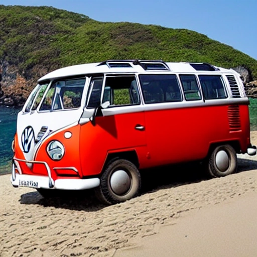 crie uma volkswagen kombi corujinha na cor vermelha e preto rebaixadas em um dia de sol na praia