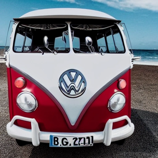 crie uma volkswagen kombi corujinha na cor vermelha e preto rebaixadas em um dia de sol na praia, Trippy