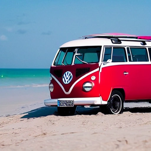 crie uma volkswagen kombi corujinha na cor vermelha e preto rebaixadas em um dia de sol na praia, Trippy