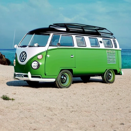 crie uma volkswagen kombi corujinha na cor verde rebaixadas em um dia de sol na praia, Trippy