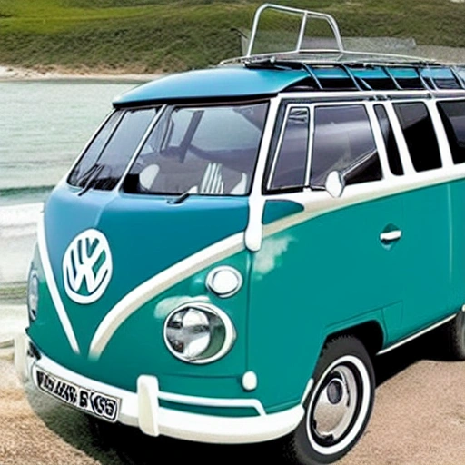 crie uma volkswagen kombi corujinha na cor verde rebaixadas em um dia de sol na praia, Trippy, Cartoon