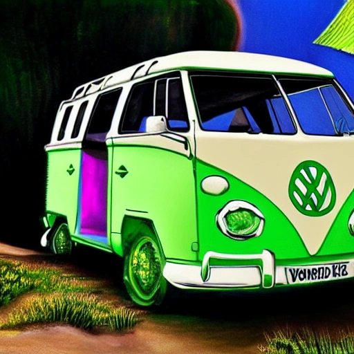 crie uma volkswagen kombi corujinha na cor verde rebaixadas em um dia de sol na praia, Trippy, Cartoon, Oil Painting