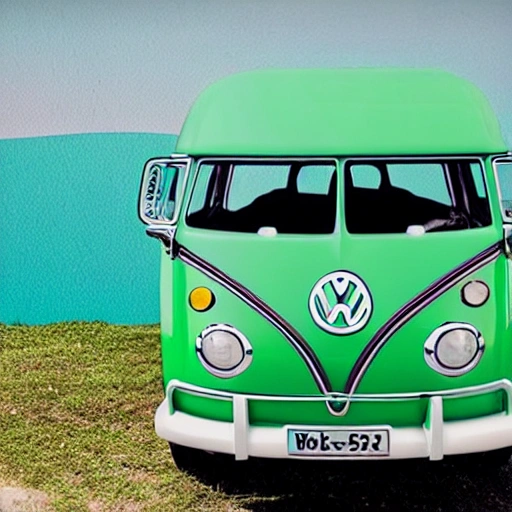 crie uma volkswagen kombi corujinha na cor verde rebaixadas em um dia de sol na praia, Trippy, Cartoon, Oil Painting