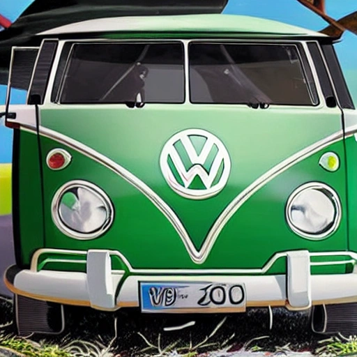 crie uma volkswagen kombi corujinha na cor verde rebaixadas em um dia de sol na praia, Trippy, Cartoon, Oil Painting