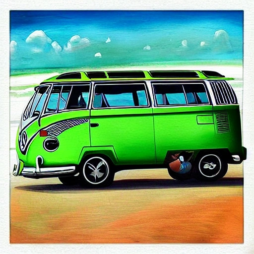 crie uma volkswagen kombi corujinha na cor verde rebaixadas em um dia de sol na praia, Trippy, Cartoon, Oil Painting, Water Color