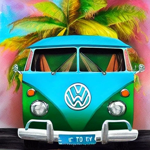 crie uma volkswagen kombi corujinha na cor verde rebaixadas em um dia de sol na praia, Trippy, Cartoon, Oil Painting, Water Color