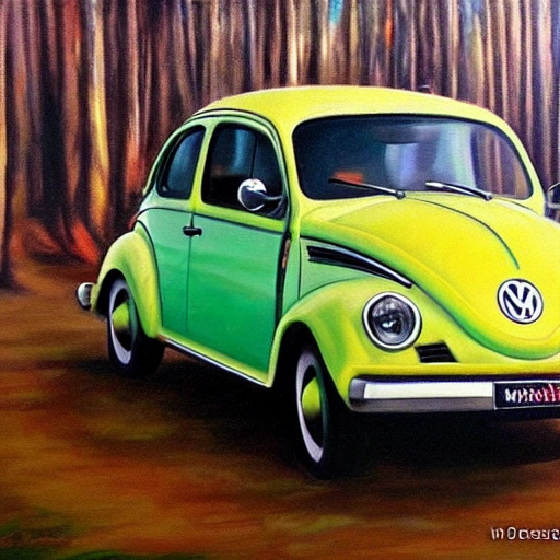 crie um volkswagen fusca bem bonito em um cenario de floresta , Oil Painting