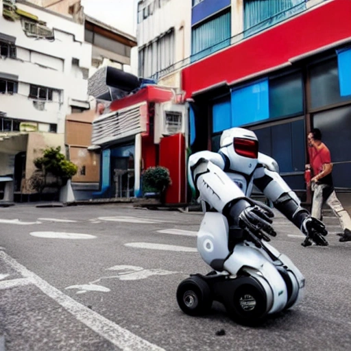 crie um imagem realista de varios robos humanoides atacando uma cidade 