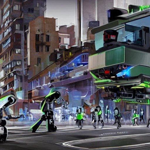 crie um imagem realista de varios robos humanoides atacando uma cidade , Trippy