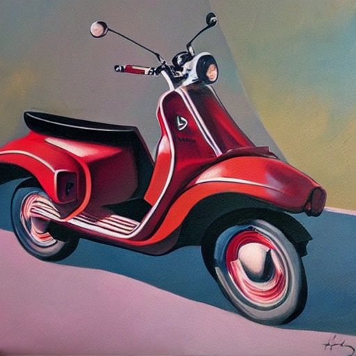 crie uma moto da marca lambretta antiga com uma moça bem bonita em cima dela, Oil Painting