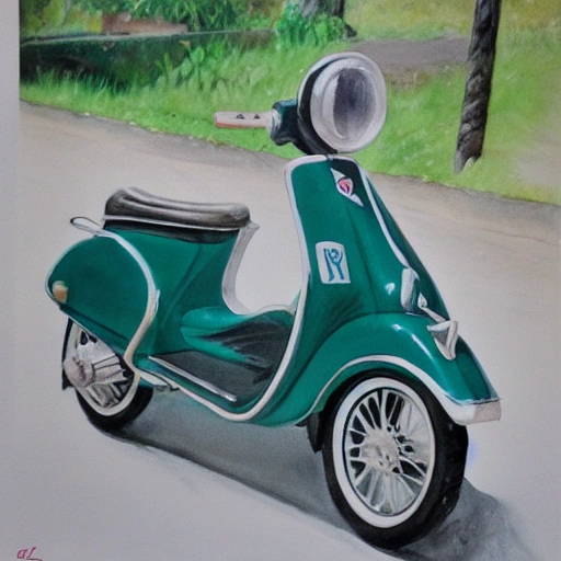 crie uma moto da marca lambretta antiga com uma moça bem bonita em cima dela, Oil Painting, Water Color