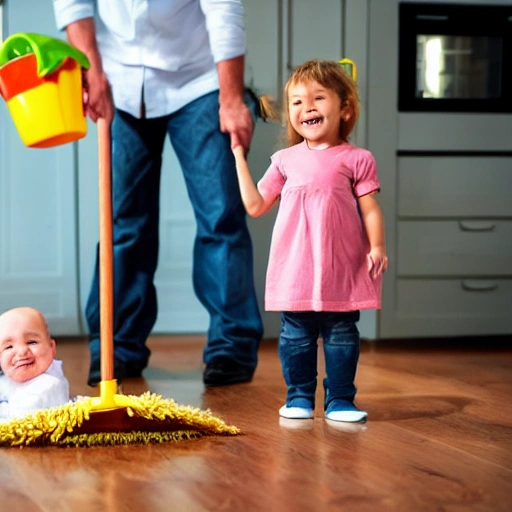 I want a cartoon of my family life. The father is about 30 years old and sweeping the floor. The mother is about 30 years old and cooking. There is a child crawling on the ground. Together they looked back at the child with a happy smile, Cartoon