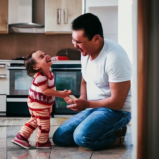 I want a cartoon of my family life. The father is about 30 years old and sweeping the floor. The mother is about 30 years old and cooking. There is a child crawling on the ground. Together they looked back at the child with a happy smile, Cartoon