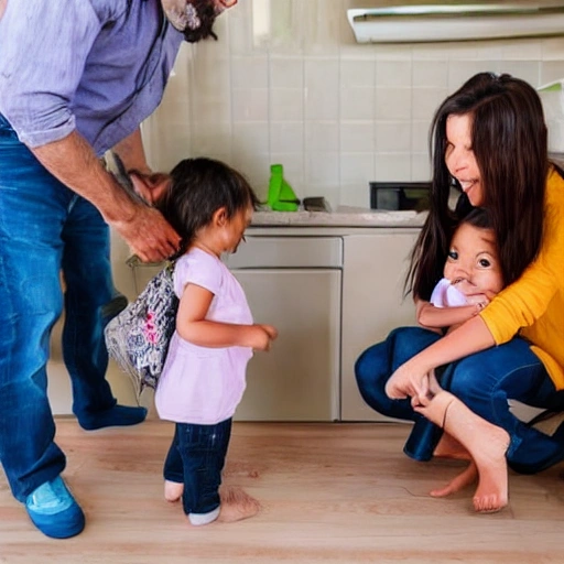 I want a cartoon of my family life. There are three people in total. The father is about 30 years old and sweeping the floor. The mother is about 30 years old and cooking. There is a child crawling on the ground. Together they looked back at the child with a happy smile
