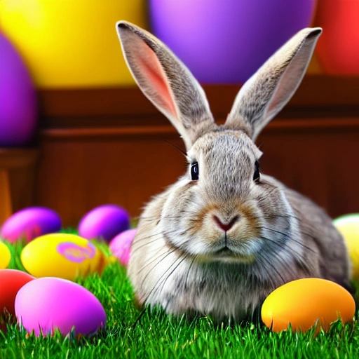 a rabbit sitting in the middle of a pile of easter eggs, digital art, shutterstock, digital art, 4k high res, photorealistic - h 6 4 0, animated film, contest winning masterpiece