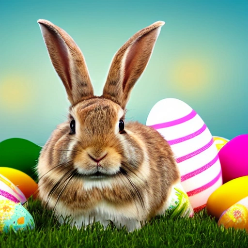 a rabbit sitting in the middle of a pile of easter eggs, digital art, shutterstock, digital art, 4k high res, photorealistic - h 6 4 0, animated film, contest winning masterpiece, 3D