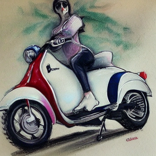 crie uma moto da marca lambretta antiga com uma moça bem bonita em cima dela, Oil Painting, Water Color, Pencil Sketch