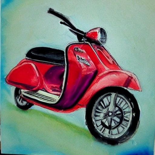 crie uma moto da marca lambretta antiga com uma moça bem bonita em cima dela, Oil Painting, Water Color, Pencil Sketch, Oil Painting