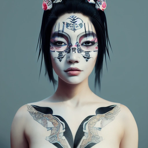 portrait+  style, symmetrical face front view, hyperrealistic render, beautiful futuristic geisha portrait Inlaid with japanese tattoos, smooth skin, high contrast, 8k photographic style, matte painting, octane render, epic ambiant light, blured background, dramatic lighting, ghost in the shell style