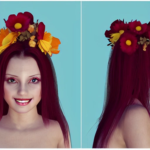 The girl with the petals in her hair, smile, 3D