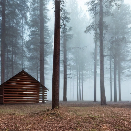 forest with sunshine and thin fog, a house made of wood in the middle