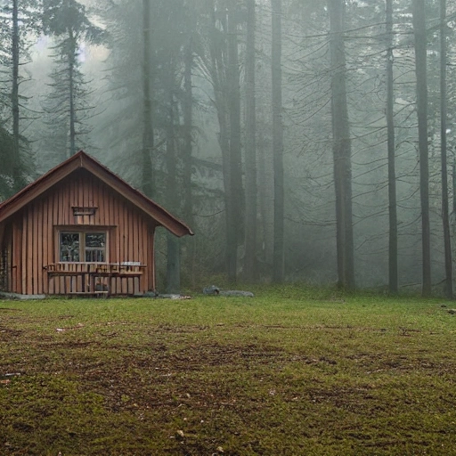 forest with sunshine and thin fog, a house made of wood in the middle with german style