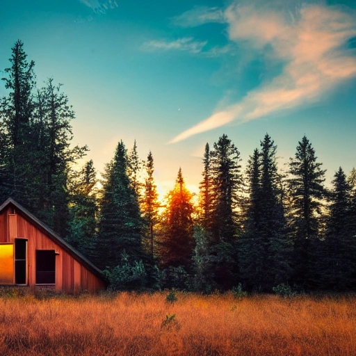 forest with sunset, a house made of wood in the middle with American style